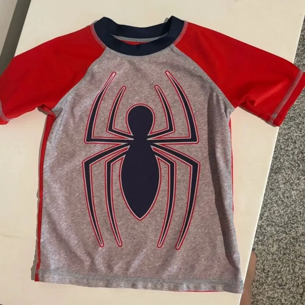 Marvel Spider-Man Rash Guard Swim Shirt Gray Red Short Sleeve Boys XS 4-5